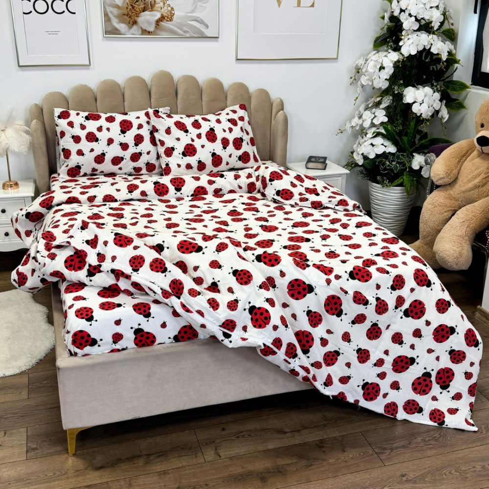 Lenjerie de Pat Dublu, Policoton Ranforsat, 4 piese, Atelier Cumparamisim, Alb, Rosu, buburuze – imagine 2