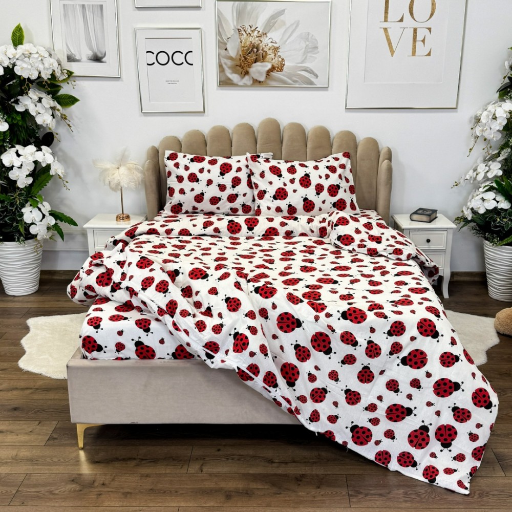 Lenjerie de Pat Dublu, Policoton Ranforsat, 4 piese, Atelier Cumparamisim, Alb, Rosu, buburuze – imagine 7