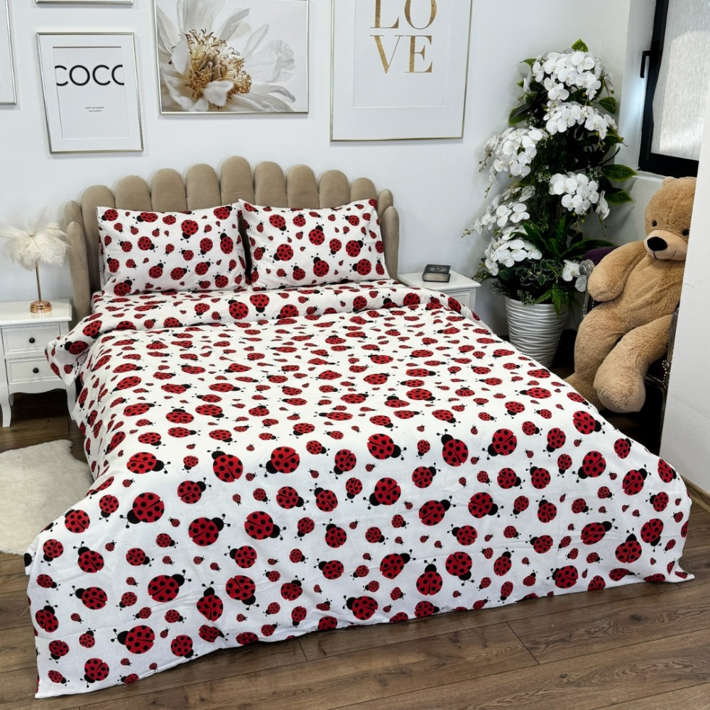Lenjerie de Pat Dublu, Policoton Ranforsat, 4 piese, Atelier Cumparamisim, Alb, Rosu, buburuze – imagine 8