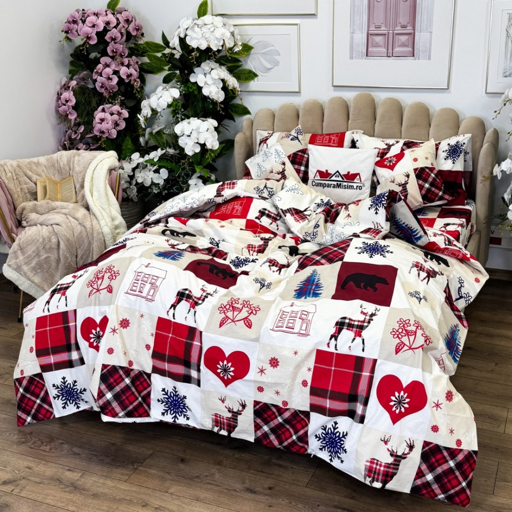 Lenjerie de Pat Dublu, Bumbac Ranforce, 6 piese, Croita cu Grija in Atelierul Cumparamisim - Lux Suprem, Rafinament Desavarsit, Confort Regal, Rosu, Alb, Reni, inimioare, fulgi de nea, brazi – imagine 2