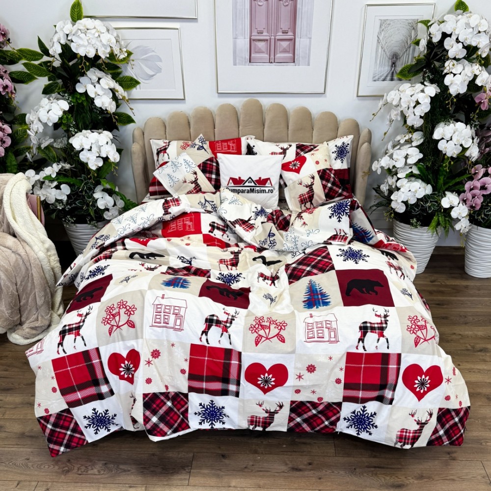 Lenjerie de Pat Dublu, Bumbac Ranforce, 6 piese, Croita cu Grija in Atelierul Cumparamisim - Lux Suprem, Rafinament Desavarsit, Confort Regal, Rosu, Alb, Reni, inimioare, fulgi de nea, brazi – imagine 3