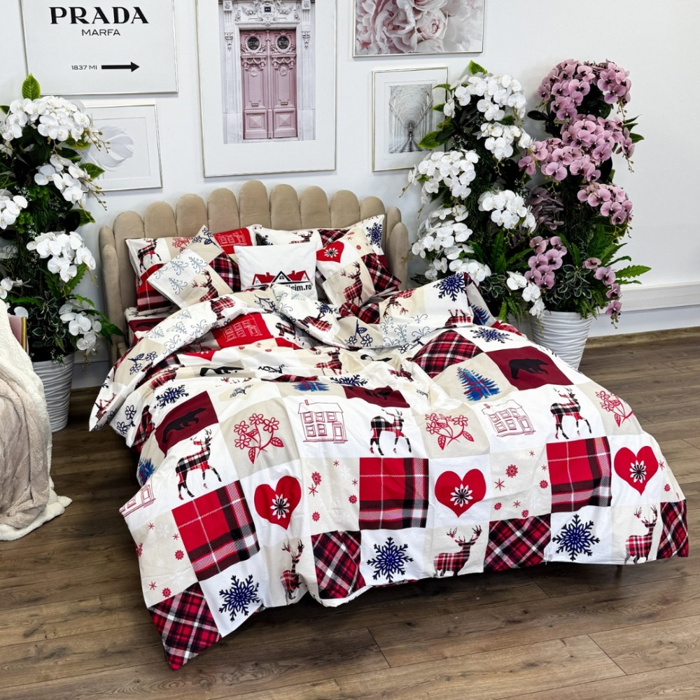 Lenjerie de Pat Dublu, Bumbac Ranforce, 6 piese, Croita cu Grija in Atelierul Cumparamisim - Lux Suprem, Rafinament Desavarsit, Confort Regal, Rosu, Alb, Reni, inimioare, fulgi de nea, brazi – imagine 4