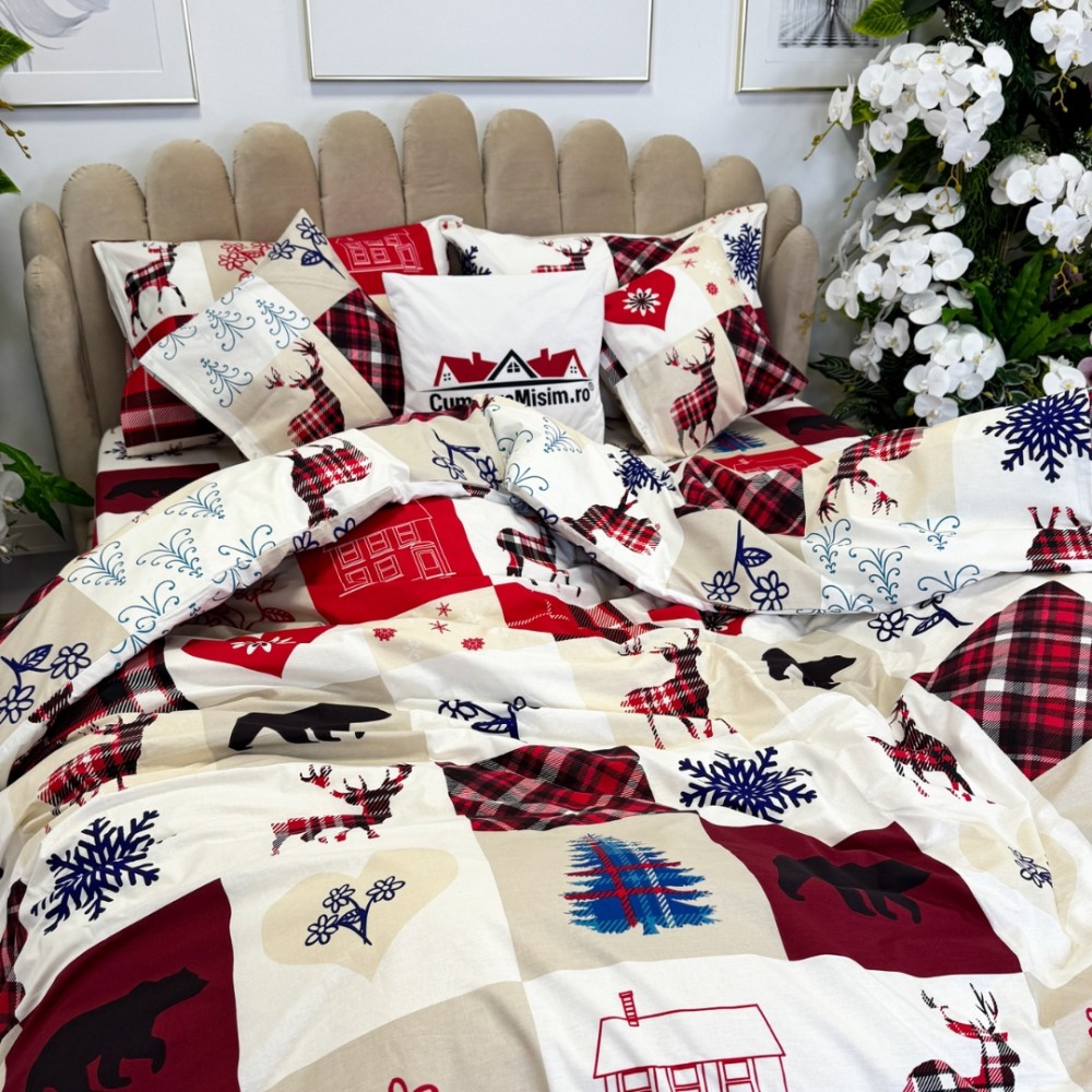 Lenjerie de Pat Dublu, Bumbac Ranforce, 6 piese, Croita cu Grija in Atelierul Cumparamisim - Lux Suprem, Rafinament Desavarsit, Confort Regal, Rosu, Alb, Reni, inimioare, fulgi de nea, brazi – imagine 7