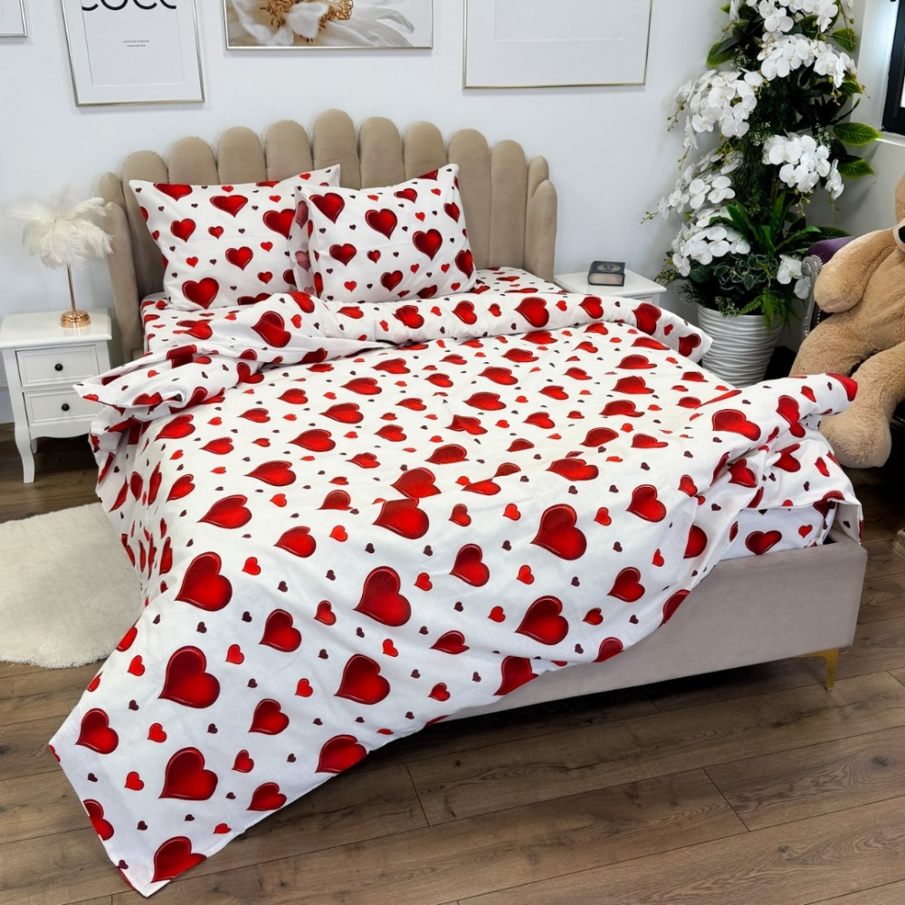 Lenjerie de Pat Dublu, Policoton Ranforsat, 4 piese, Atelier Cumparamisim, Alb, Rosu, inimioare – imagine 2