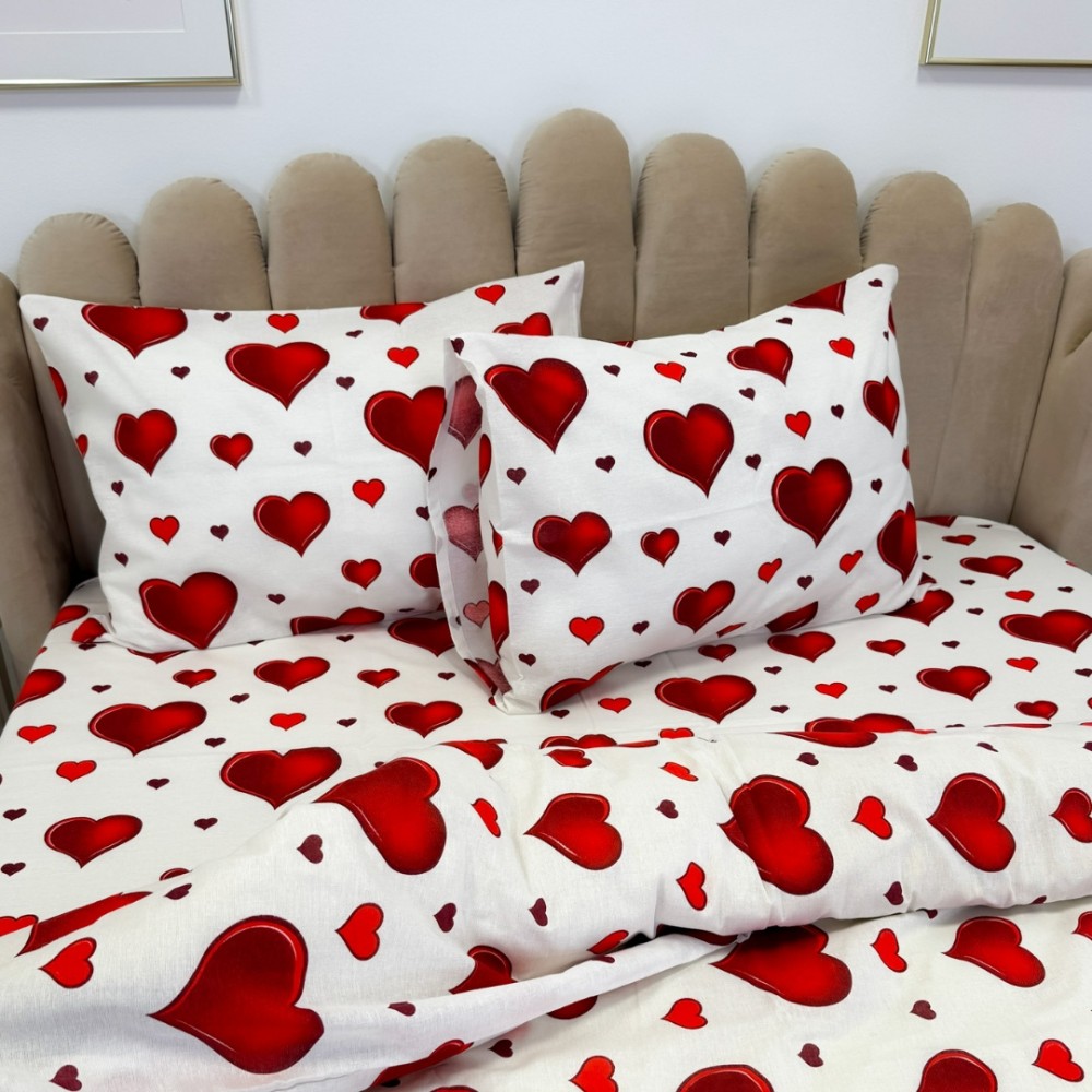 Lenjerie de Pat Dublu, Policoton Ranforsat, 4 piese, Atelier Cumparamisim, Alb, Rosu, inimioare – imagine 4