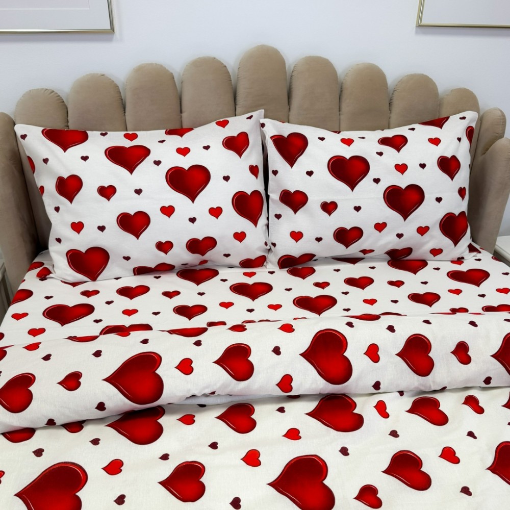Lenjerie de Pat Dublu, Policoton Ranforsat, 4 piese, Atelier Cumparamisim, Alb, Rosu, inimioare – imagine 5