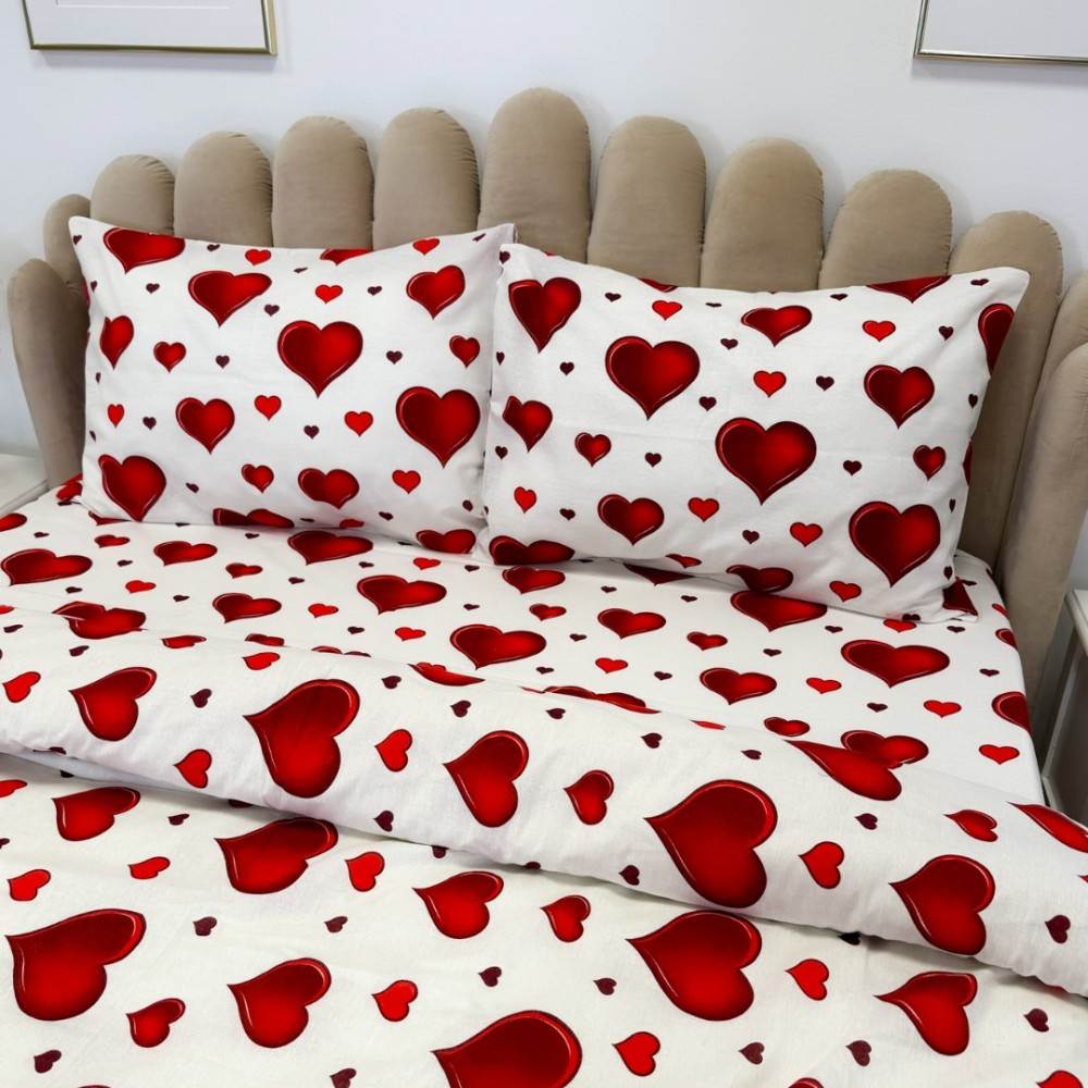 Lenjerie de Pat Dublu, Policoton Ranforsat, 4 piese, Atelier Cumparamisim, Alb, Rosu, inimioare – imagine 6