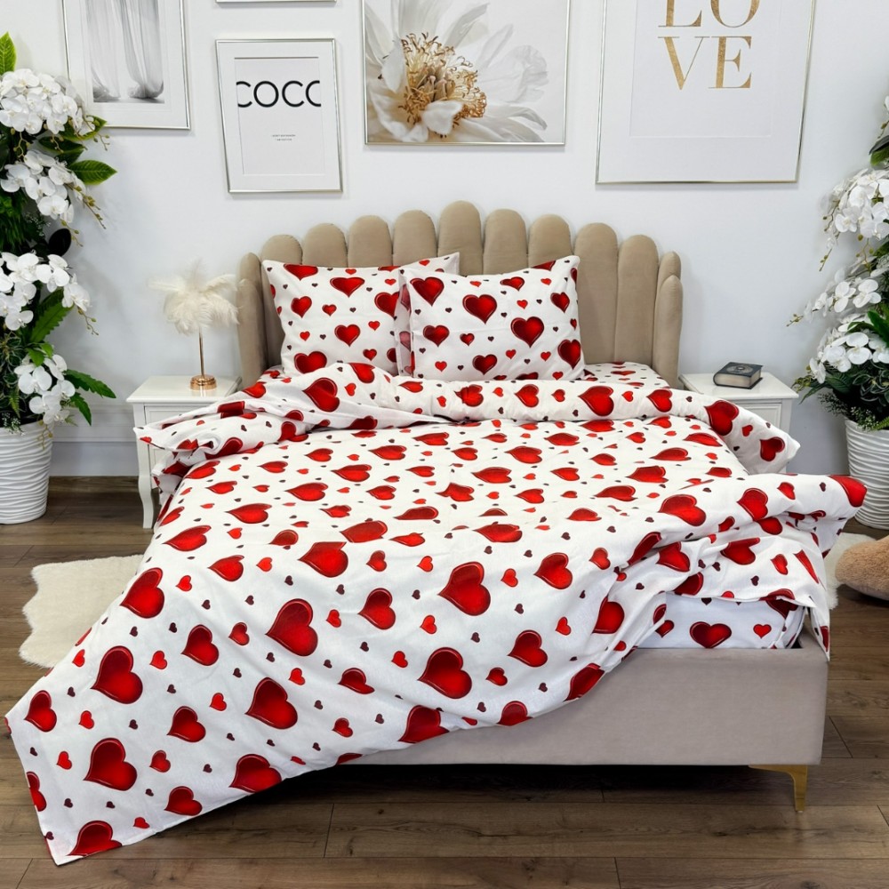 Lenjerie de Pat Dublu, Policoton Ranforsat, 4 piese, Atelier Cumparamisim, Alb, Rosu, inimioare – imagine 7