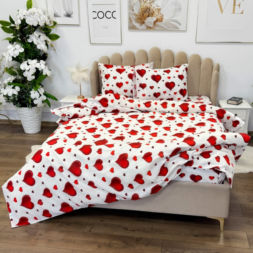 Lenjerie de Pat Dublu, Policoton Ranforsat, 4 piese, Atelier Cumparamisim, Alb, Rosu, inimioare – imagine 8