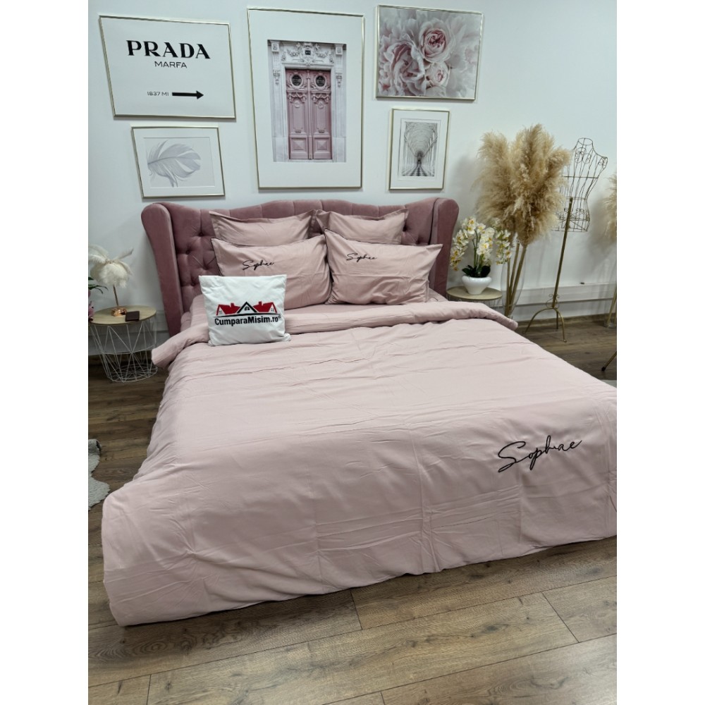 Lenjerie pat dublu, Finet Soft Touch cu Broderie, 6 piese, Roz – imagine 4