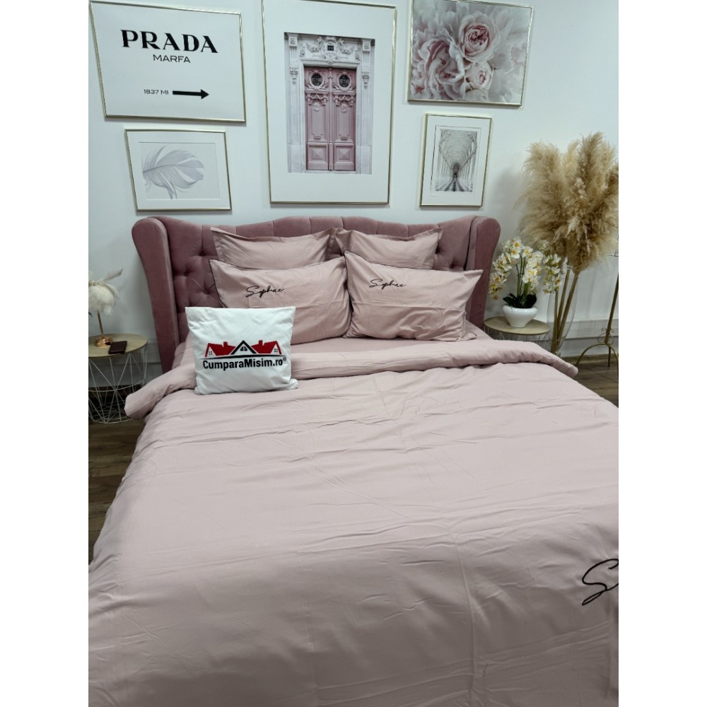 Lenjerie pat dublu, Finet Soft Touch cu Broderie, 6 piese, Roz – imagine 5