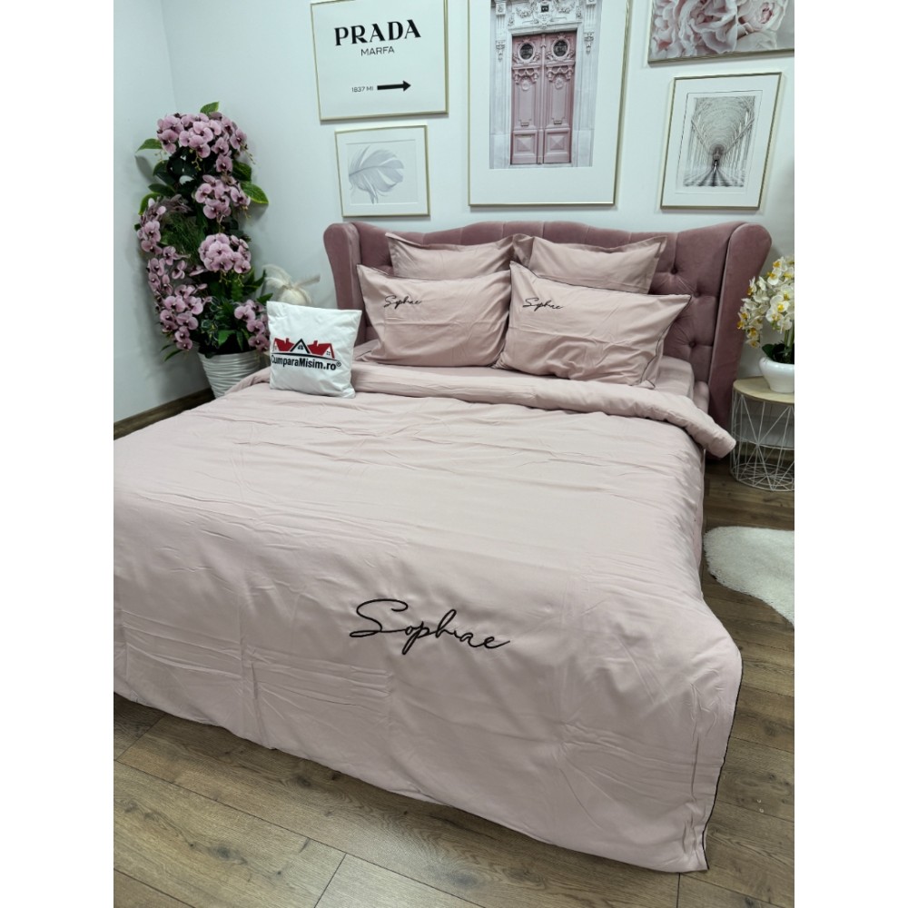 Lenjerie pat dublu, Finet Soft Touch cu Broderie, 6 piese, Roz – imagine 6