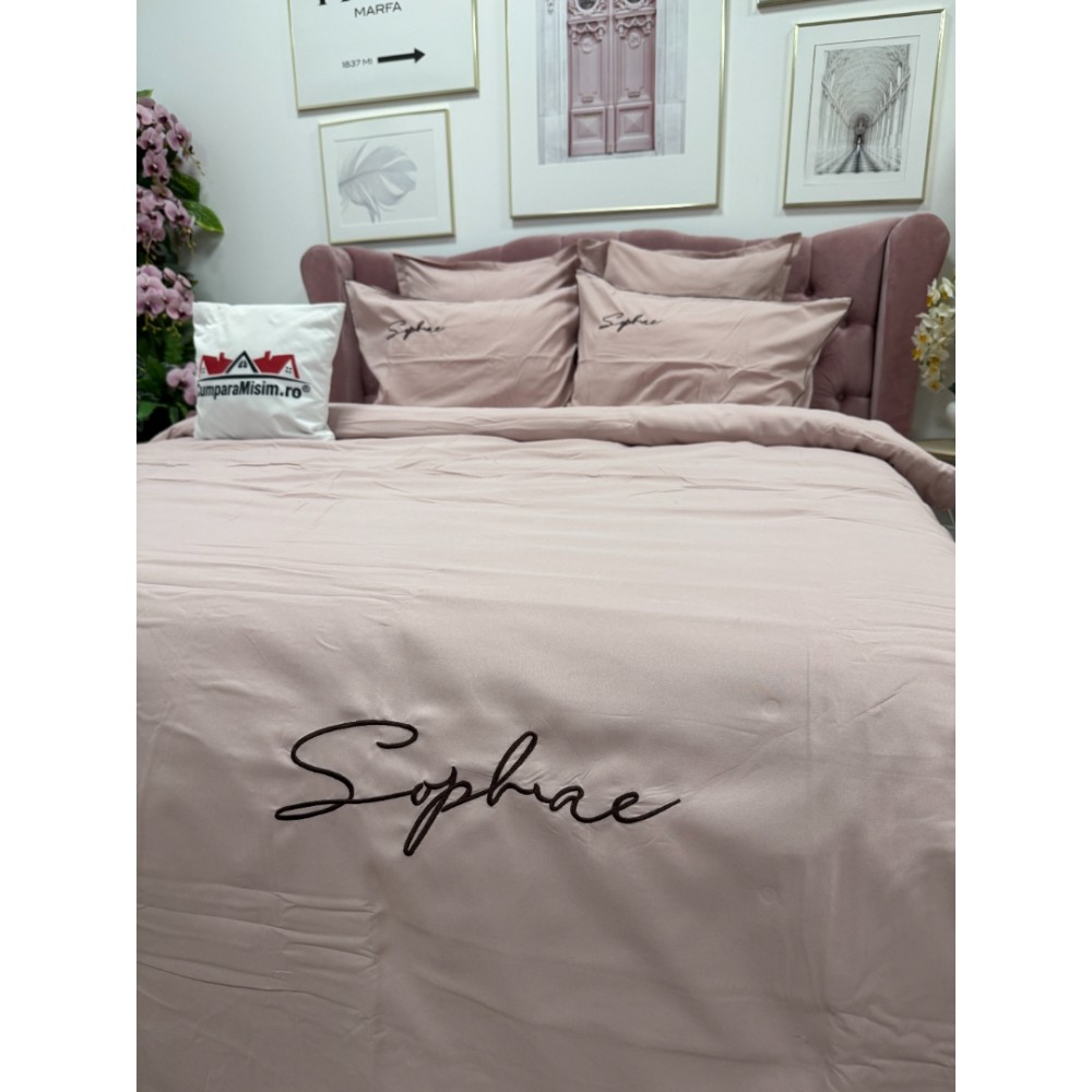 Lenjerie pat dublu, Finet Soft Touch cu Broderie, 6 piese, Roz – imagine 7
