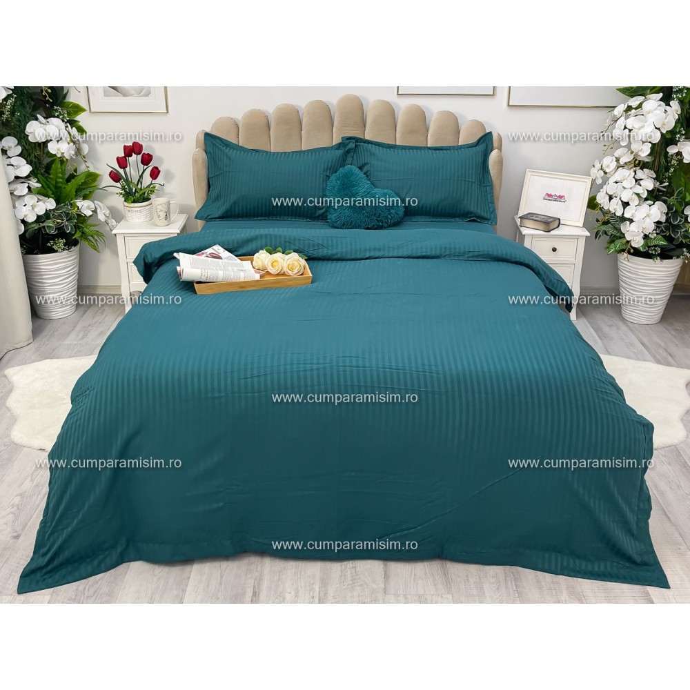 Lenjerie HoReCa, pat dublu, Damasc Finetat Deluxe cu Elastic, 4 piese, Turquoise – imagine 2