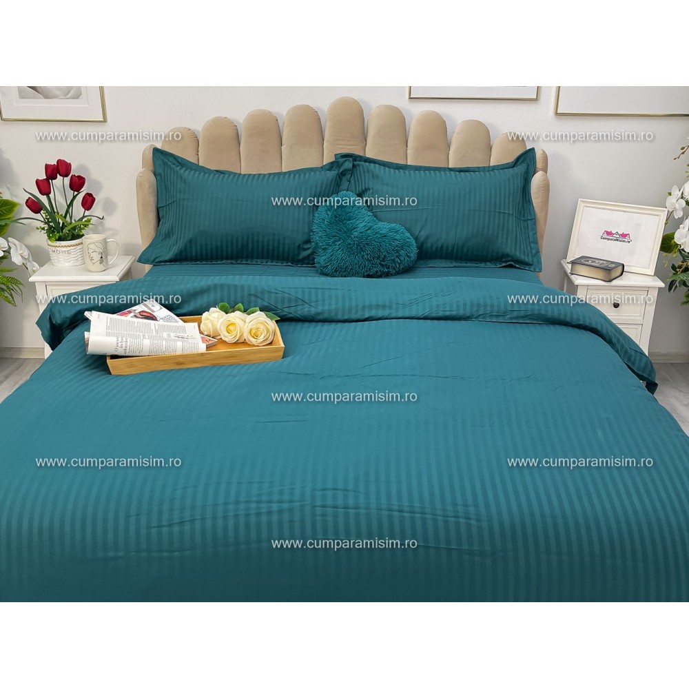Lenjerie HoReCa, pat dublu, Damasc Finetat Deluxe cu Elastic, 4 piese, Turquoise – imagine 3