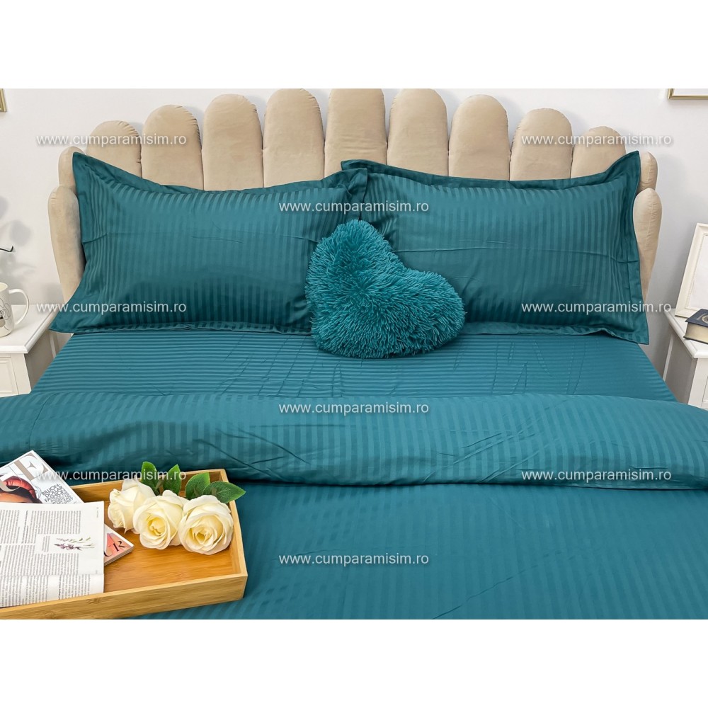 Lenjerie HoReCa, pat dublu, Damasc Finetat Deluxe cu Elastic, 4 piese, Turquoise – imagine 4