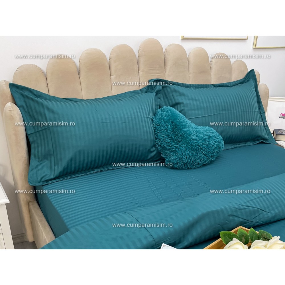 Lenjerie HoReCa, pat dublu, Damasc Finetat Deluxe cu Elastic, 4 piese, Turquoise – imagine 5