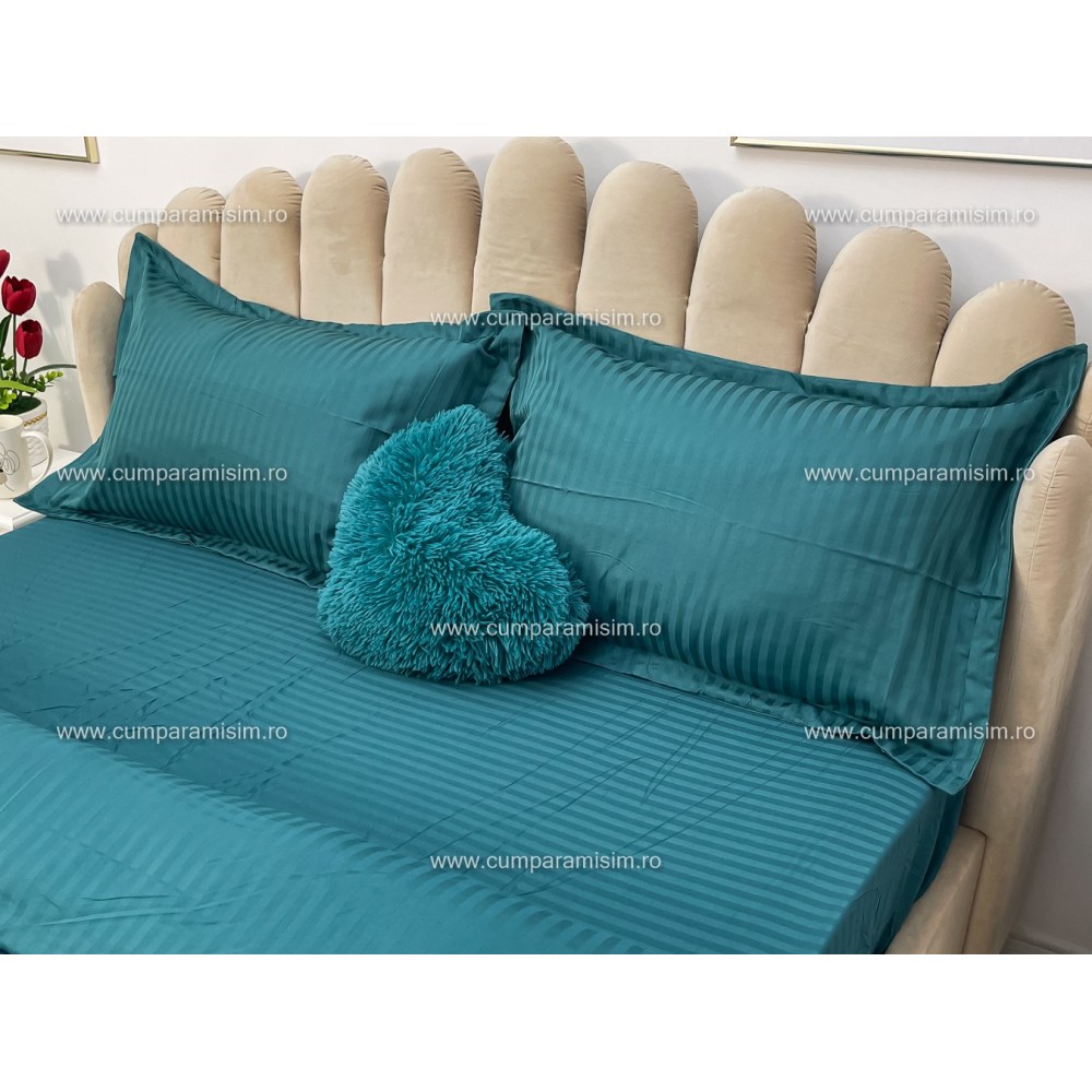 Lenjerie HoReCa, pat dublu, Damasc Finetat Deluxe cu Elastic, 4 piese, Turquoise – imagine 6