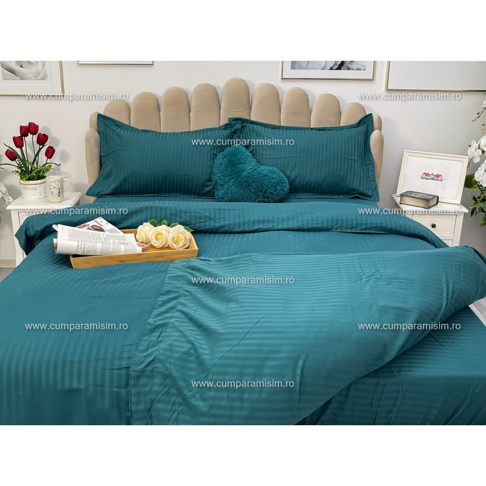 Lenjerie HoReCa, pat dublu, Damasc Finetat Deluxe cu Elastic, 4 piese, Turquoise – imagine 8
