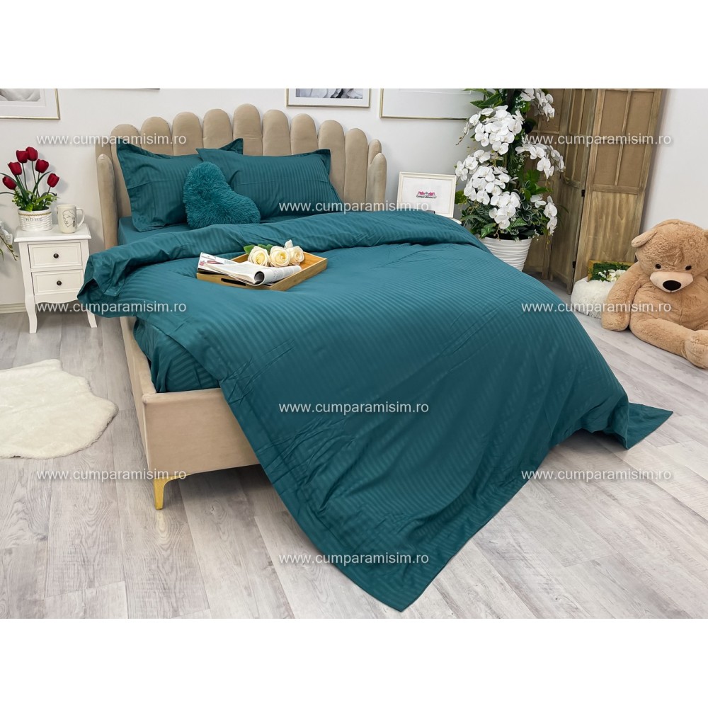 Lenjerie HoReCa, pat dublu, Damasc Finetat Deluxe cu Elastic, 4 piese, Turquoise — imaginea 9