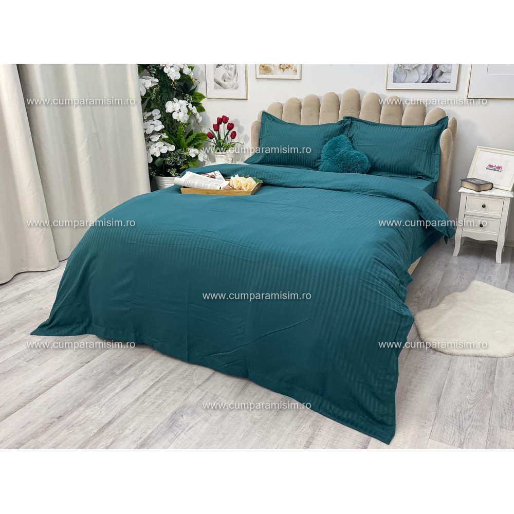 Lenjerie HoReCa, pat dublu, Damasc Finetat Deluxe cu Elastic, 4 piese, Turquoise — imaginea 10