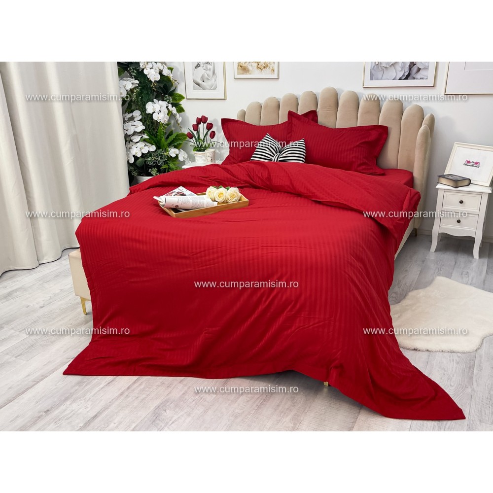 Lenjerie HoReCa, pat dublu, Damasc Finetat Deluxe cu Elastic, 4 piese, Rosu – imagine 2