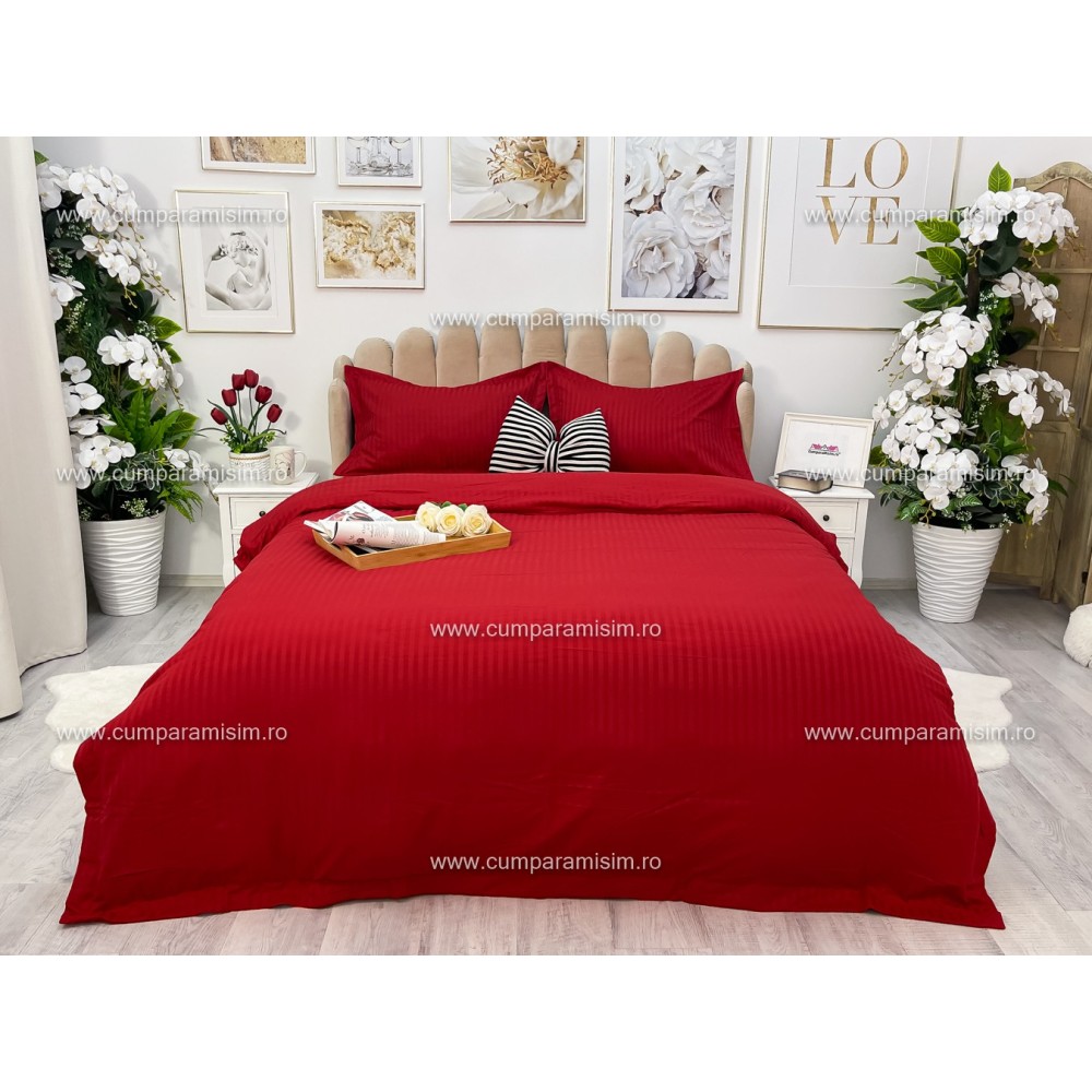 Lenjerie HoReCa, pat dublu, Damasc Finetat Deluxe cu Elastic, 4 piese, Rosu – imagine 3