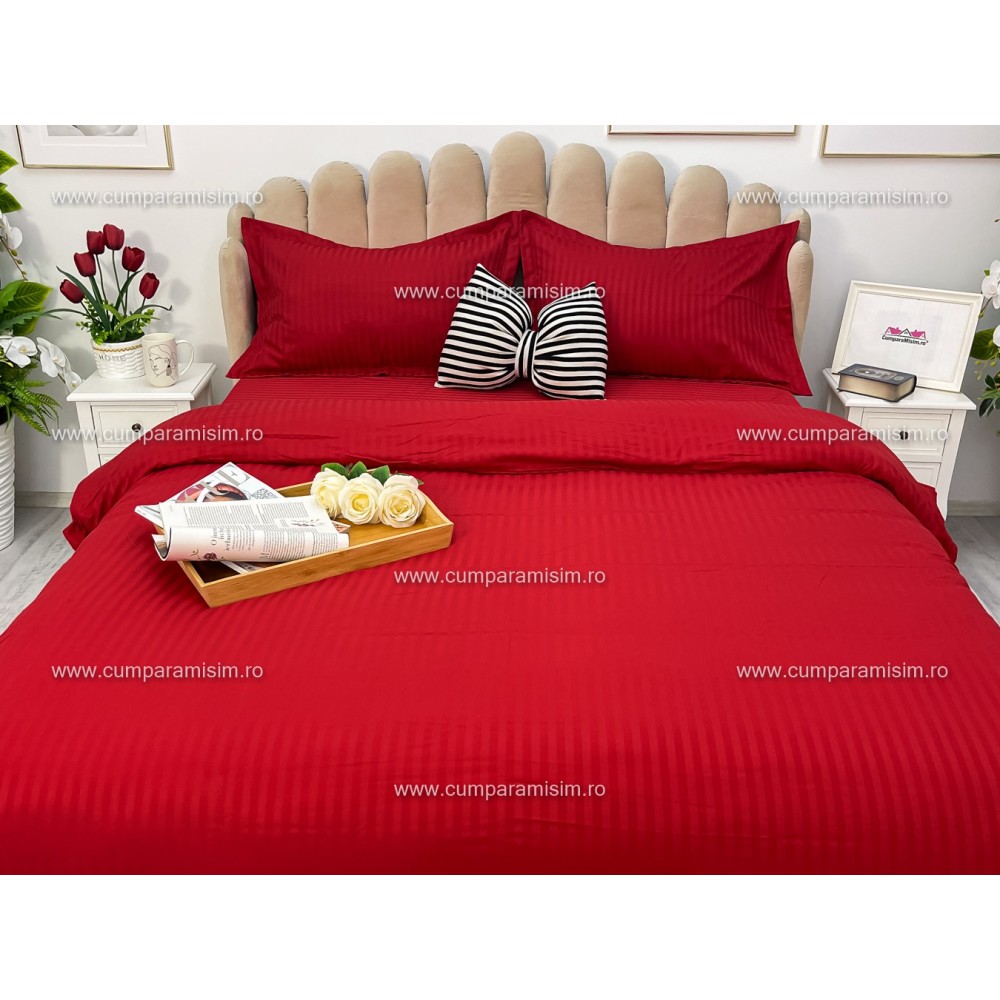 Lenjerie HoReCa, pat dublu, Damasc Finetat Deluxe cu Elastic, 4 piese, Rosu – imagine 4