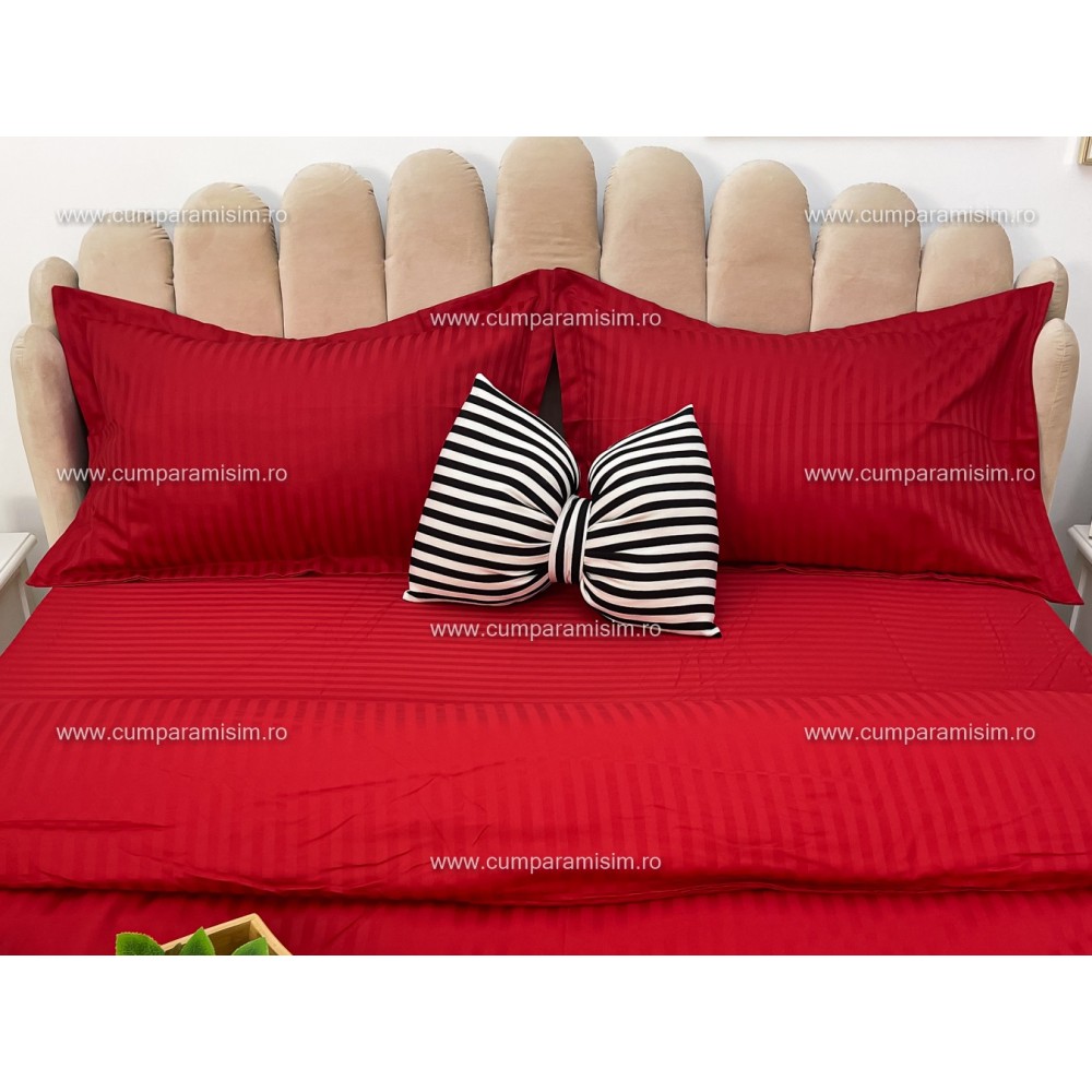 Lenjerie HoReCa, pat dublu, Damasc Finetat Deluxe cu Elastic, 4 piese, Rosu – imagine 5