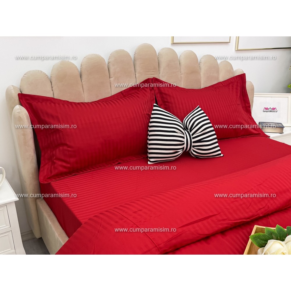 Lenjerie HoReCa, pat dublu, Damasc Finetat Deluxe cu Elastic, 4 piese, Rosu – imagine 6