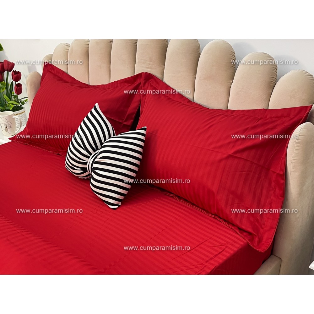 Lenjerie HoReCa, pat dublu, Damasc Finetat Deluxe cu Elastic, 4 piese, Rosu – imagine 7