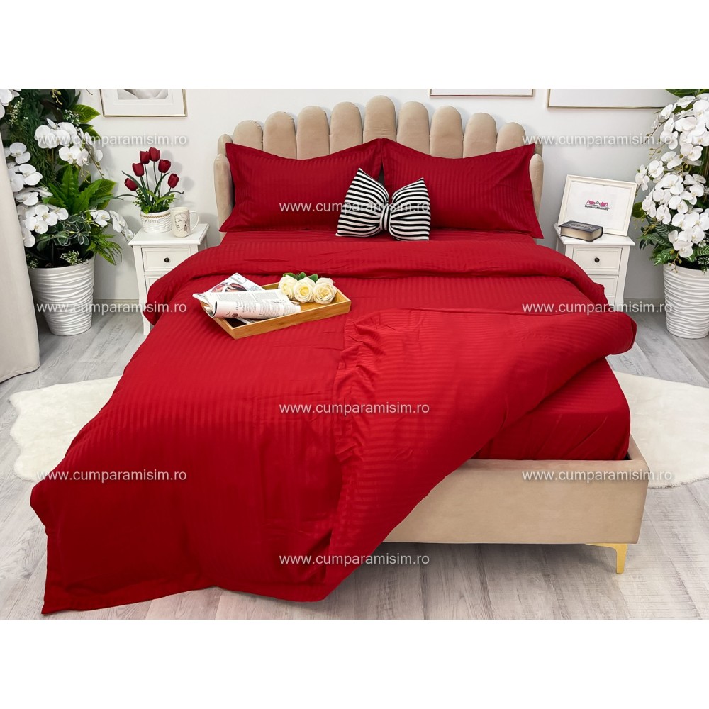 Lenjerie HoReCa, pat dublu, Damasc Finetat Deluxe cu Elastic, 4 piese, Rosu – imagine 8