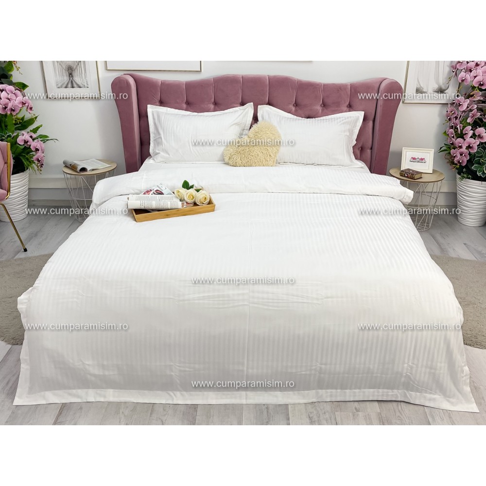 Lenjerie HoReCa, pat dublu, Damasc Finetat Deluxe cu Elastic, 4 piese, Alb – imagine 2