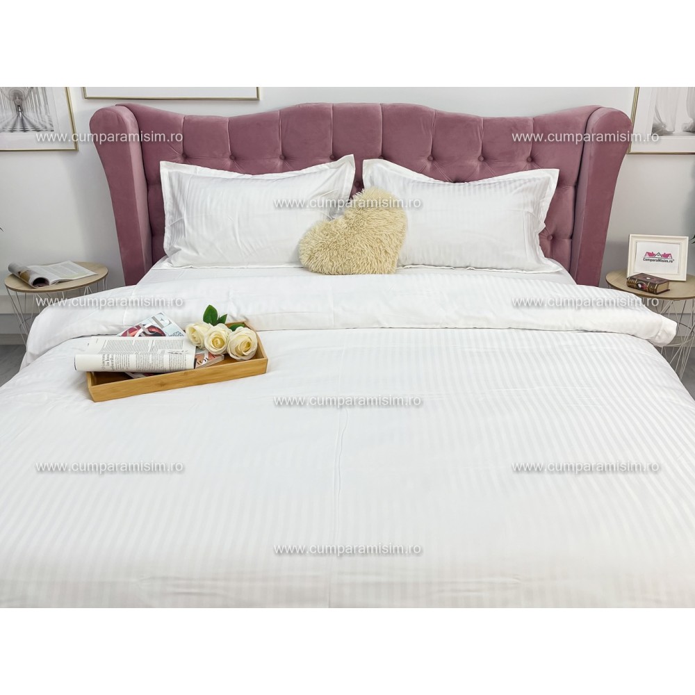 Lenjerie HoReCa, pat dublu, Damasc Finetat Deluxe cu Elastic, 4 piese, Alb – imagine 3