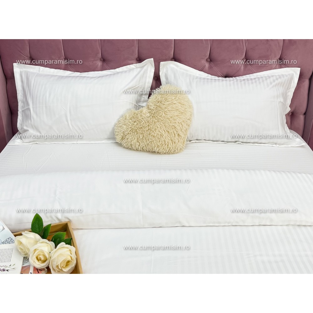 Lenjerie HoReCa, pat dublu, Damasc Finetat Deluxe cu Elastic, 4 piese, Alb – imagine 4
