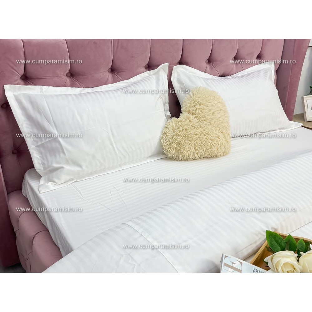 Lenjerie HoReCa, pat dublu, Damasc Finetat Deluxe cu Elastic, 4 piese, Alb – imagine 5