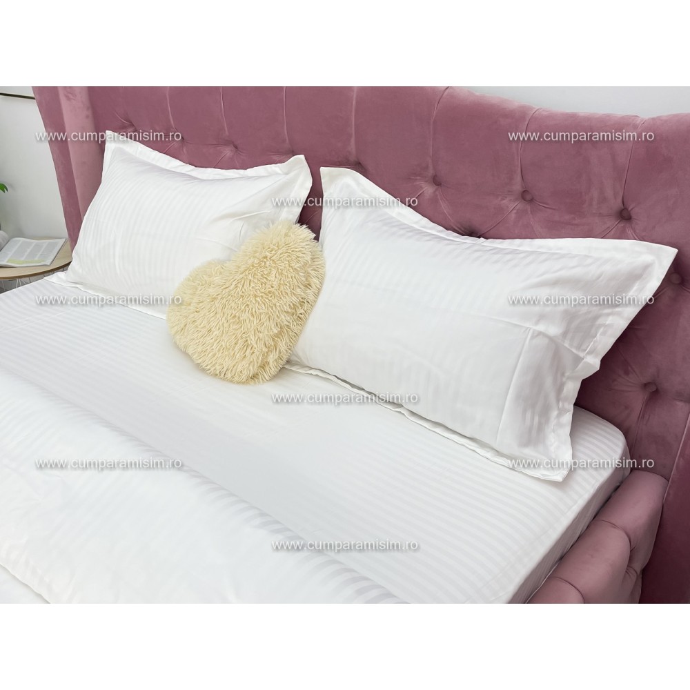 Lenjerie HoReCa, pat dublu, Damasc Finetat Deluxe cu Elastic, 4 piese, Alb – imagine 6