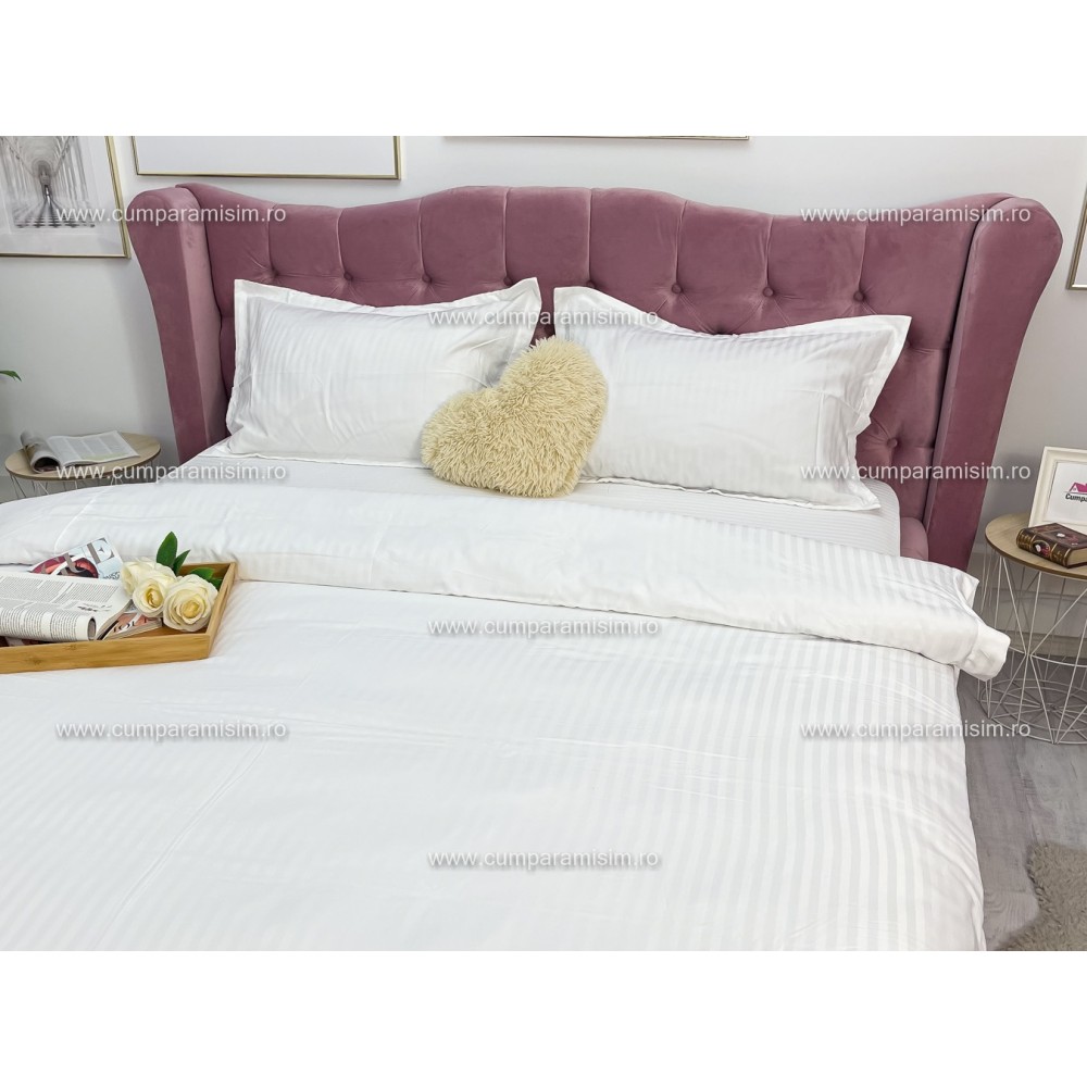 Lenjerie HoReCa, pat dublu, Damasc Finetat Deluxe cu Elastic, 4 piese, Alb – imagine 7