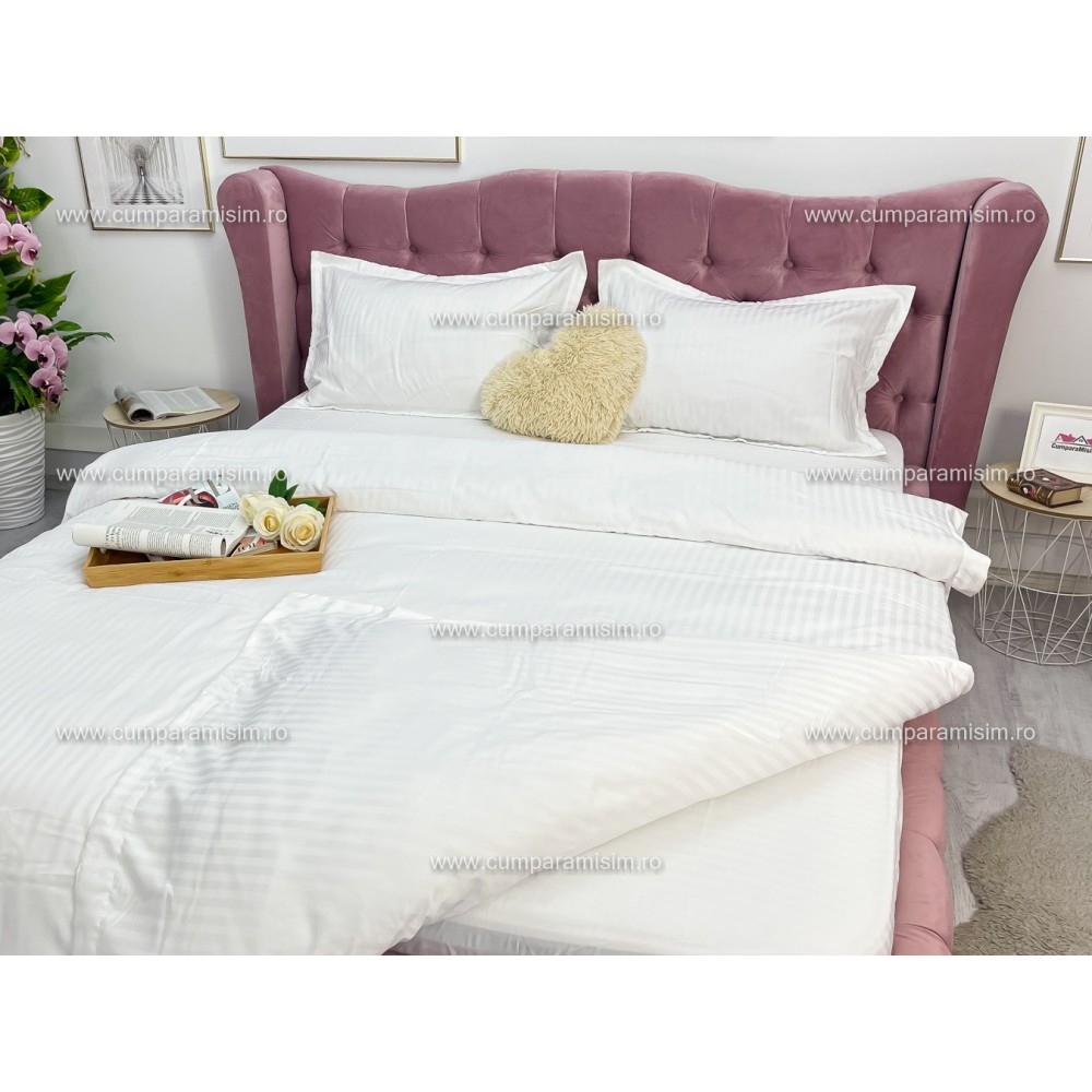 Lenjerie HoReCa, pat dublu, Damasc Finetat Deluxe cu Elastic, 4 piese, Alb – imagine 8