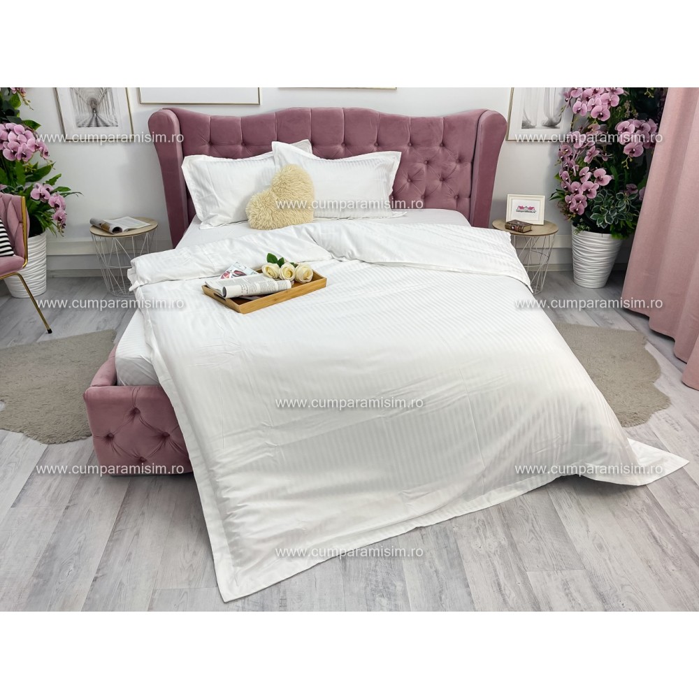 Lenjerie HoReCa, pat dublu, Damasc Finetat Deluxe cu Elastic, 4 piese, Alb — imaginea 9