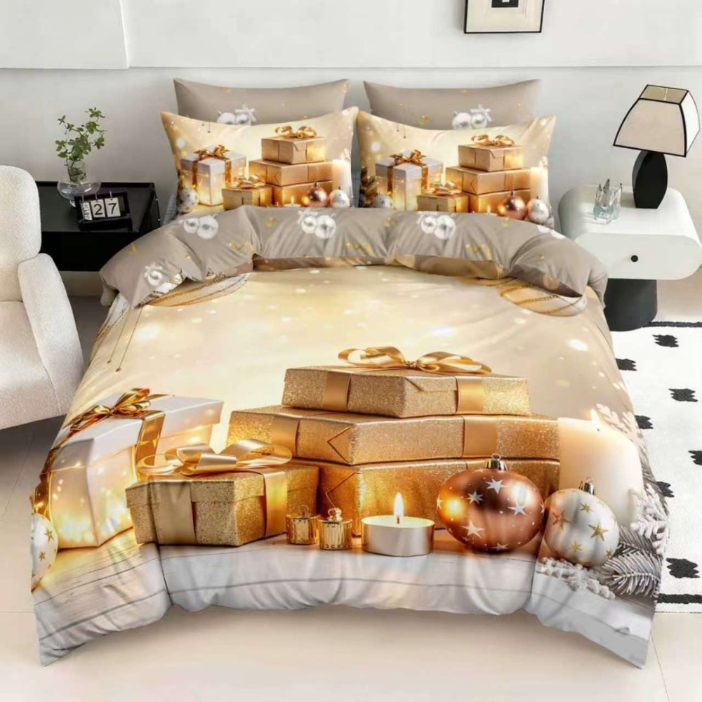 Lenjerie pat dublu, FINET, Digital Print, Craciun, Crem, Cadouri Craciun – imagine 2