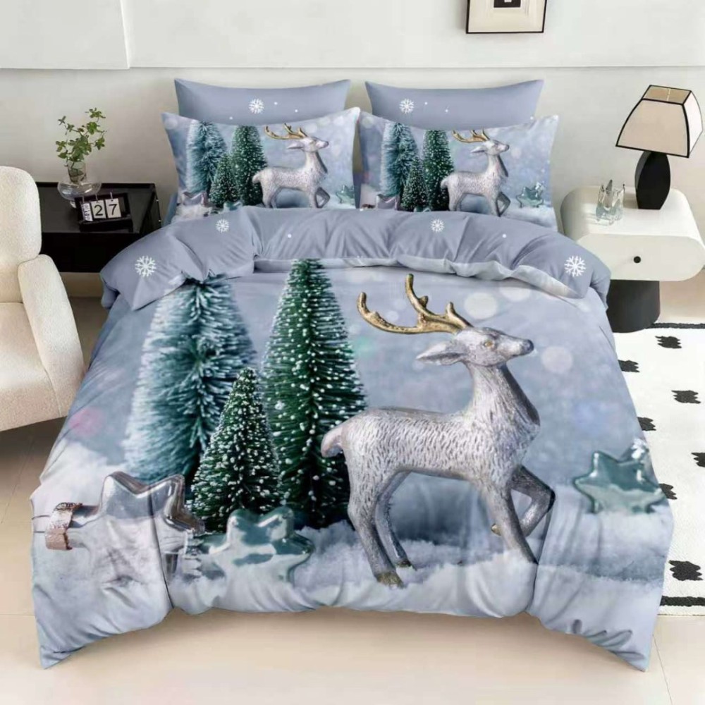 Lenjerie pat dublu, FINET, Digital Print, Craciun, Albastru, Renul lui Mos Craciun – imagine 2
