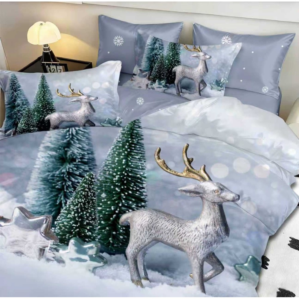 Lenjerie pat dublu, FINET, Digital Print, Craciun, Albastru, Renul lui Mos Craciun – imagine 3