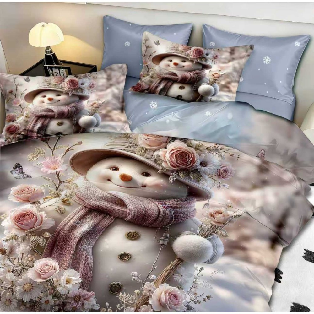 Lenjerie pat dublu, FINET, Digital Print, Craciun, Albastru, Om de Zapada – imagine 3