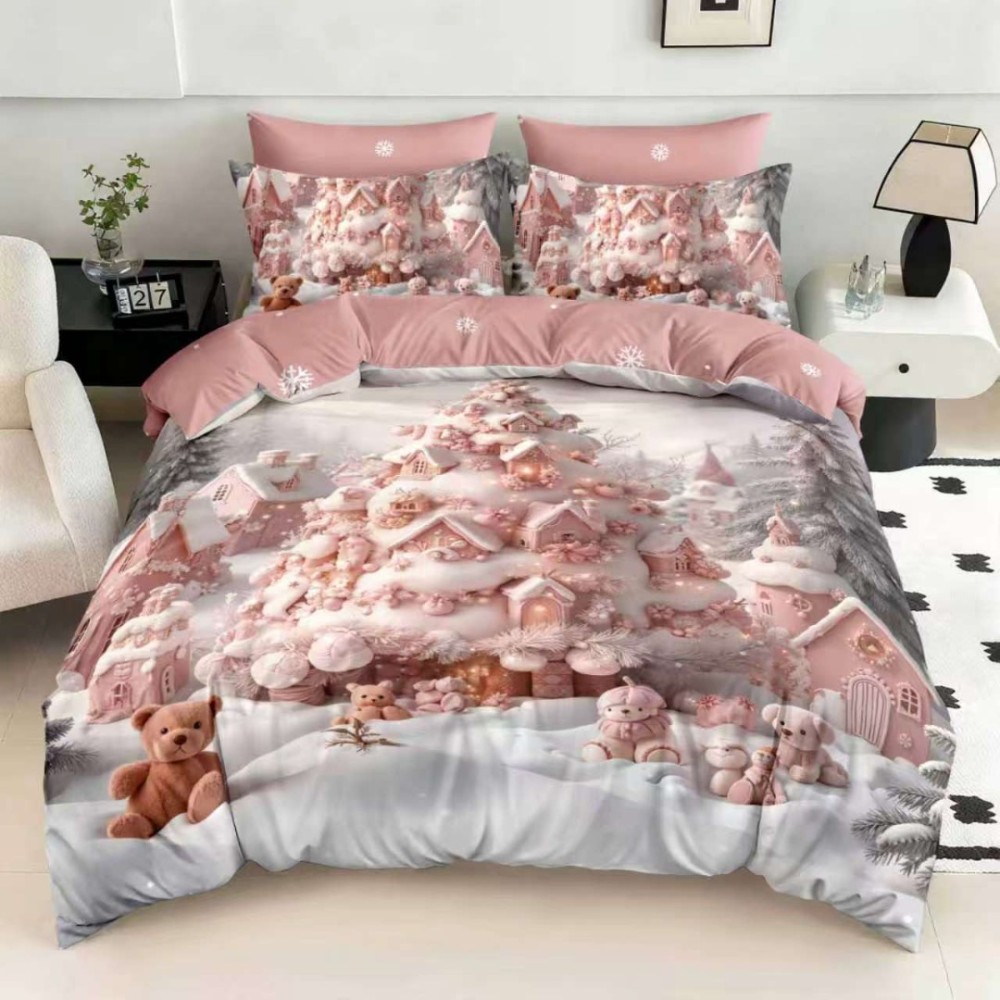Lenjerie pat dublu, FINET, Digital Print, Craciun, Roz, Castelul lui Mos Craciun – imagine 2