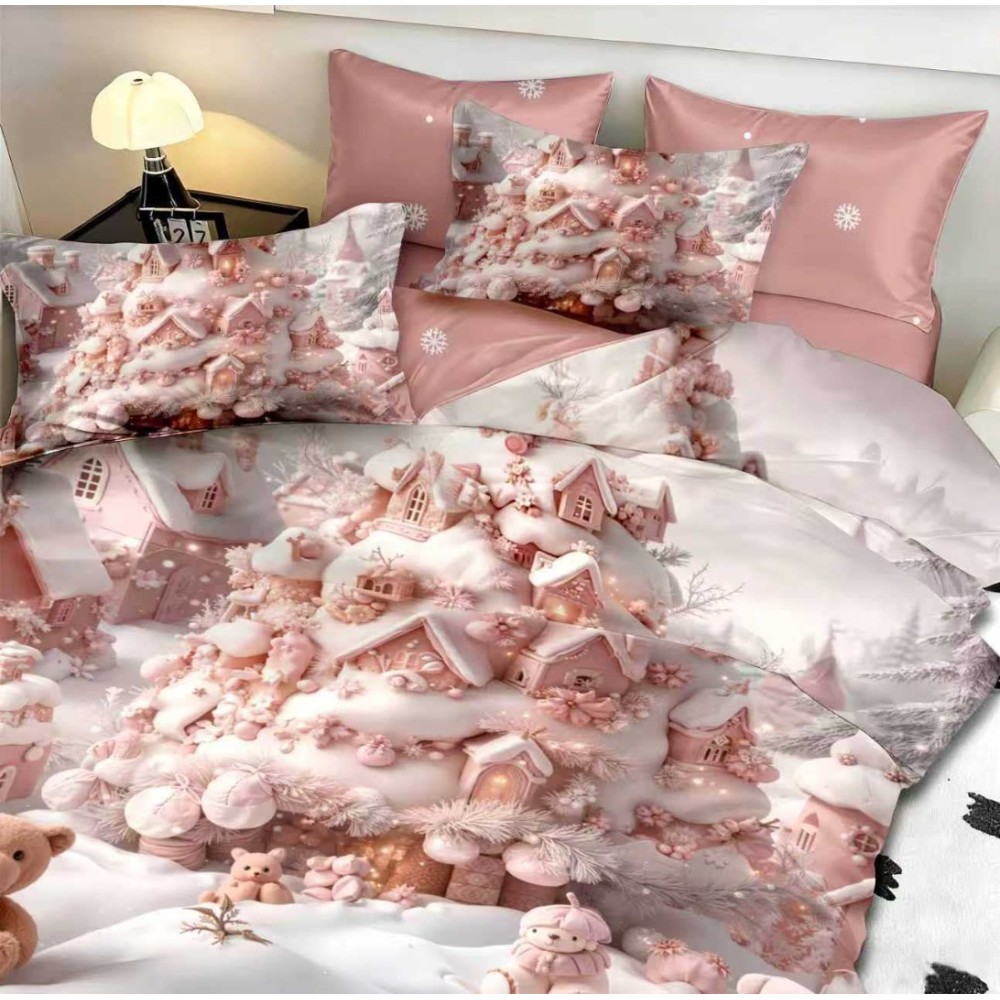 Lenjerie pat dublu, FINET, Digital Print, Craciun, Roz, Castelul lui Mos Craciun – imagine 3