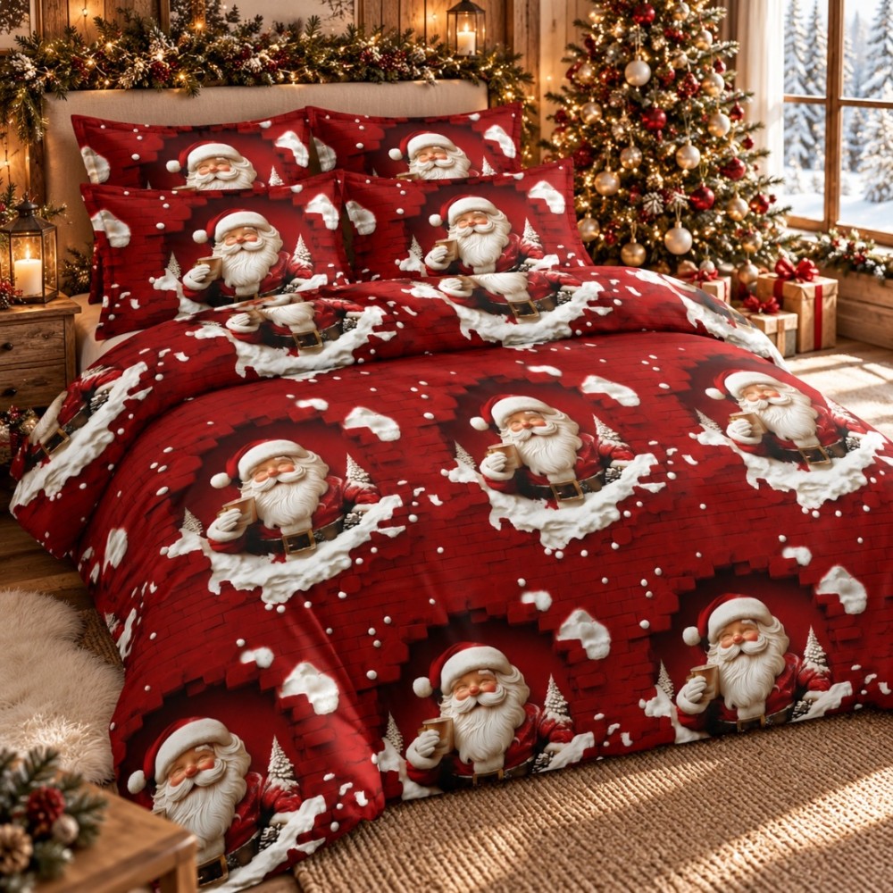 Lenjerie pat dublu, Bumbac Finet Satinat, 6 piese, Rosu, Mos Craciun – imagine 2