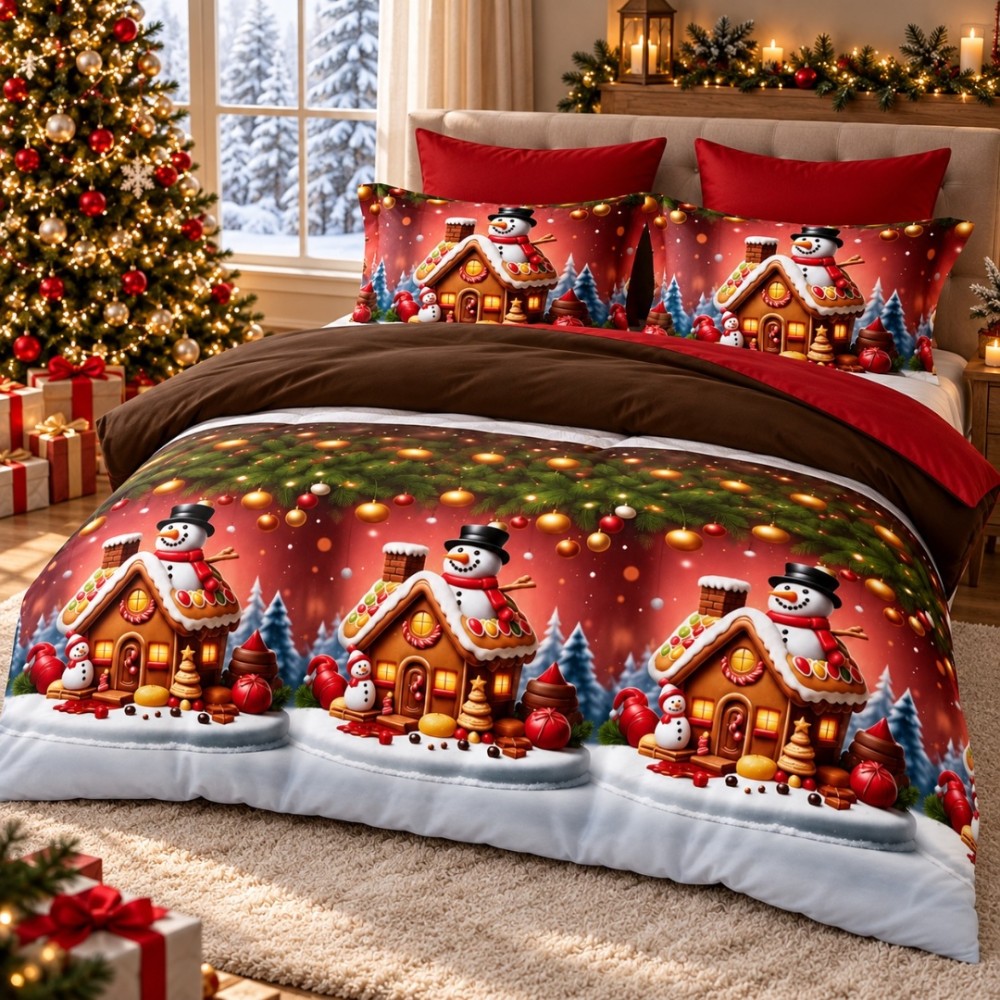 Lenjerie pat dublu, Bumbac Finet Satinat, 6 piese, Rosu, Casute de Turta Dulce – imagine 2