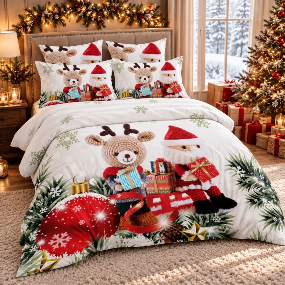 Lenjerie pat dublu, Bumbac Finet Satinat, 6 piese, Alb, Rosu, Decoratiuni de Craciun – imagine 2