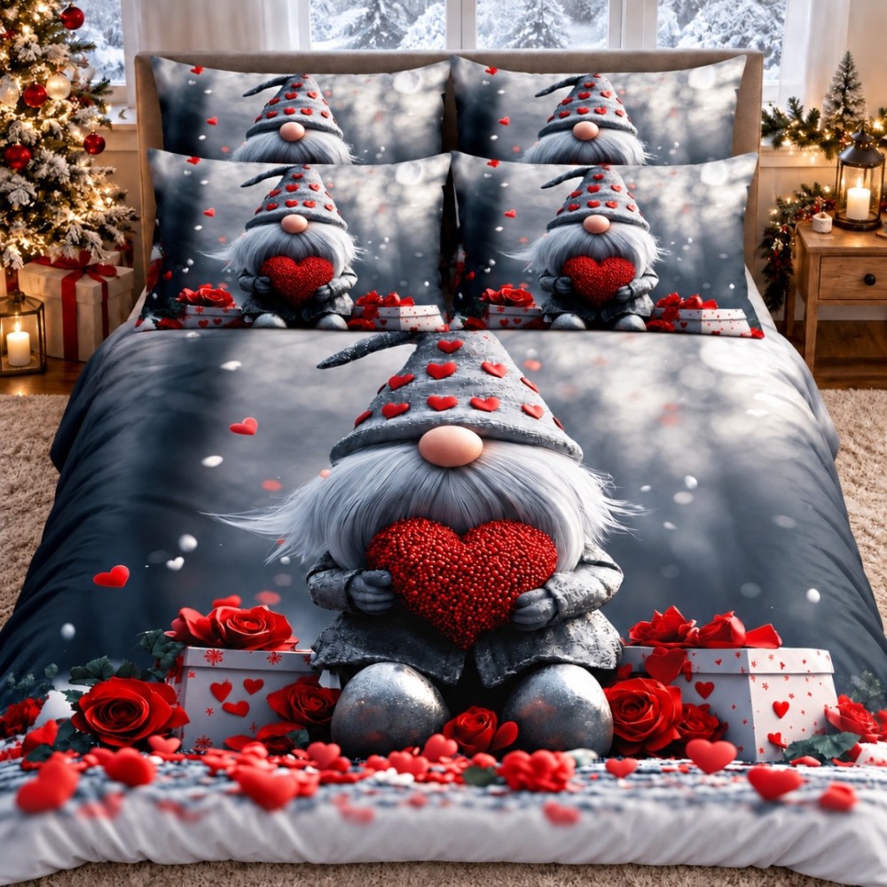 Lenjerie pat dublu, Bumbac Finet Satinat, 6 piese, Gri, Rosu, Gnom – imagine 2